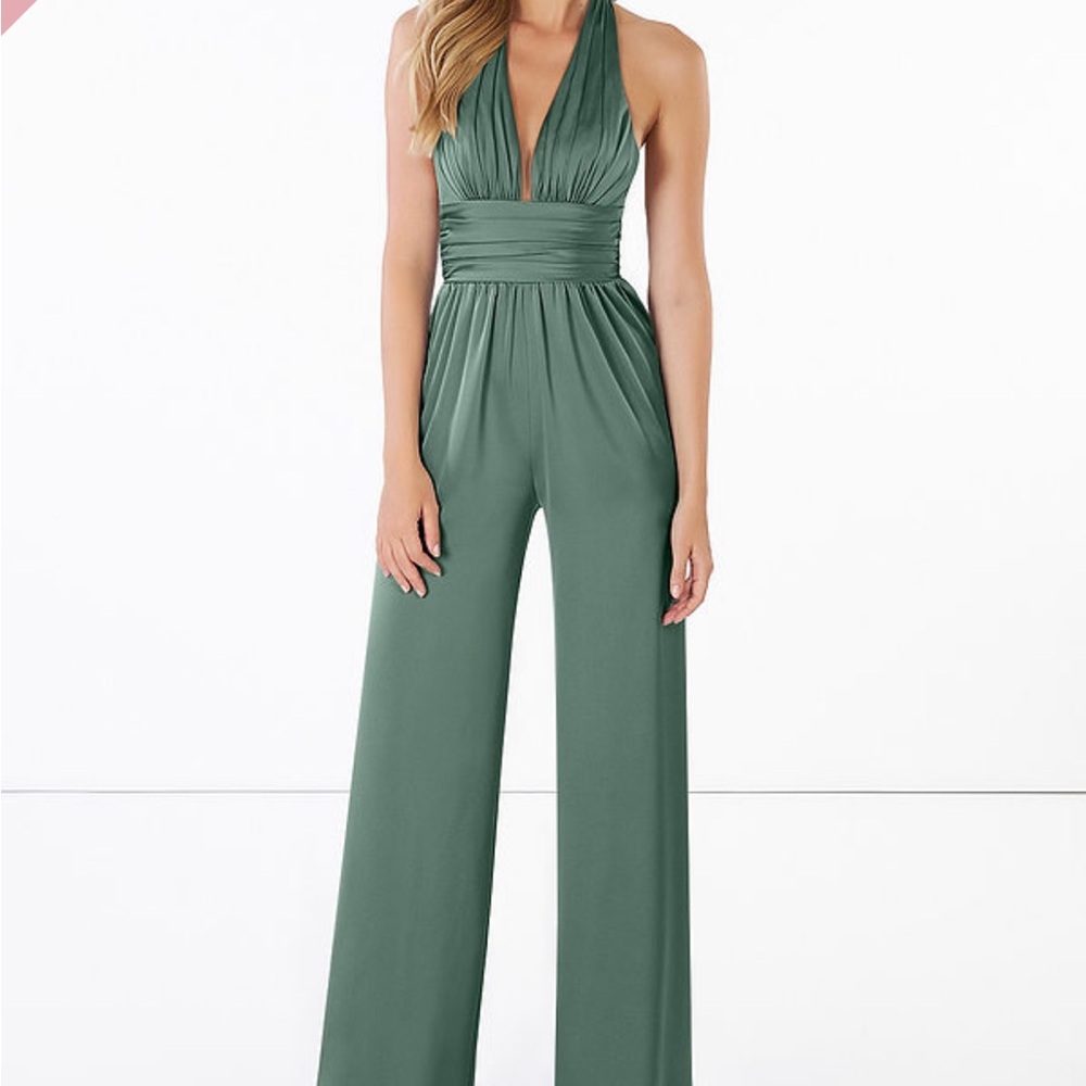 Azazie Oil Stretch Satin Jumpsuit Eucalyptus